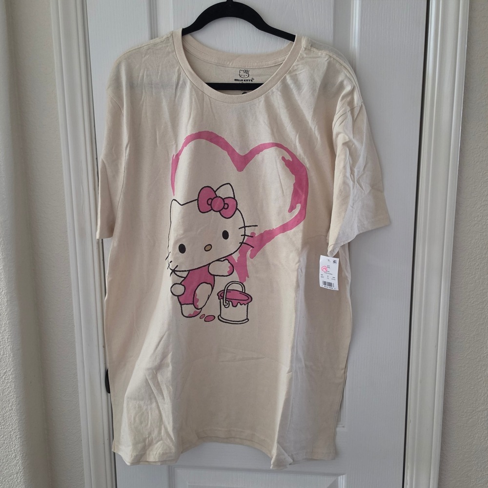 Hello Kitty Sanrio Graphic T-Shirt Cream Pink Heart Painting Tee 2XL NEW